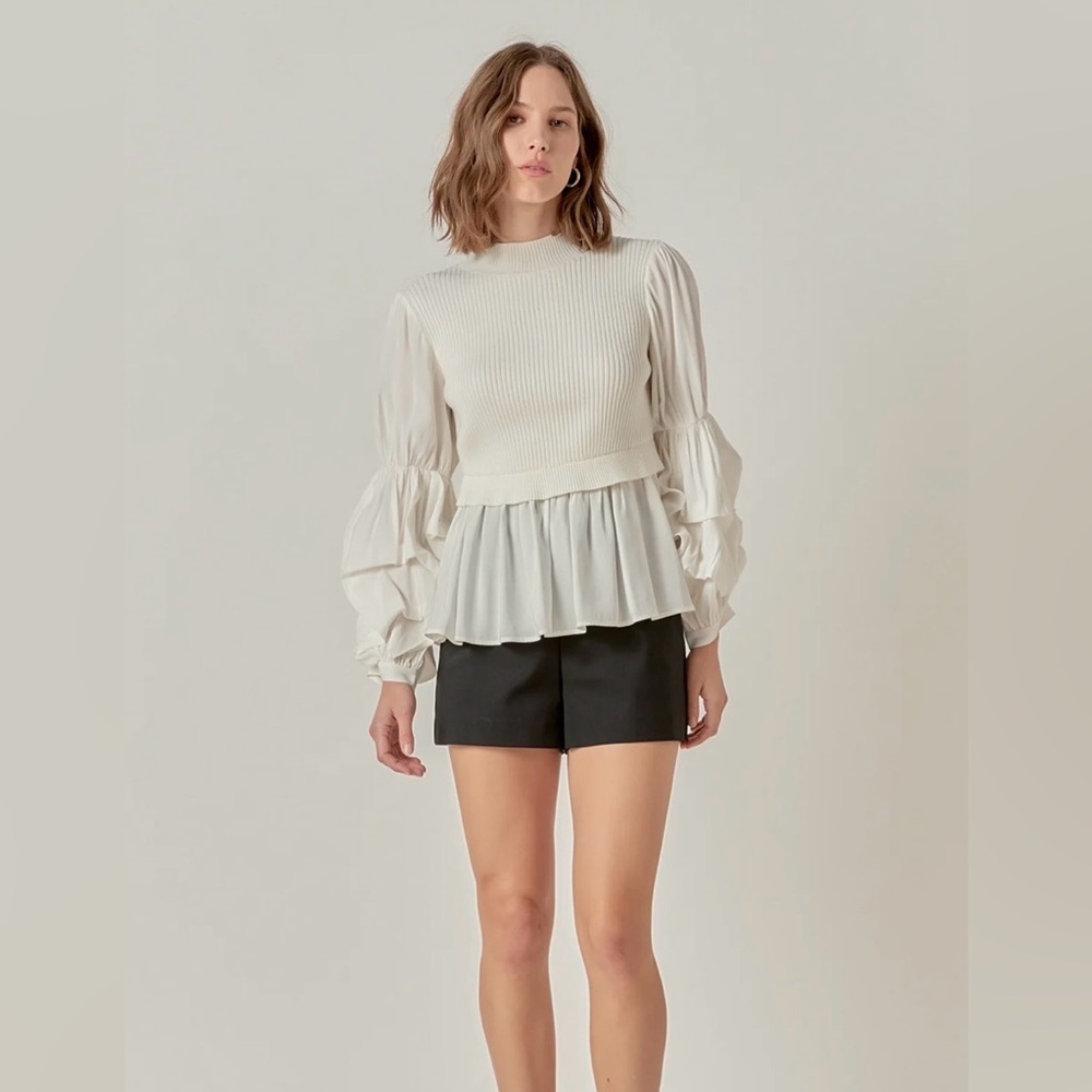 English Factory Puff-Sleeve Twofer Sweater Top Mix Media Dramatic Top Pepplum
